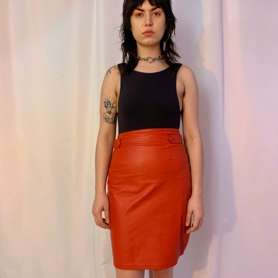 Red leather high waisted tab skirt