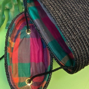 Straw & madras plaid bucket lid bag