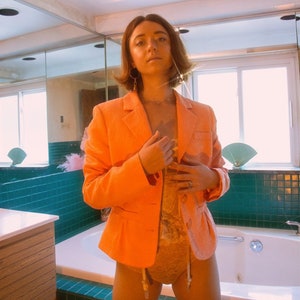 Peach brocade ruch blazer