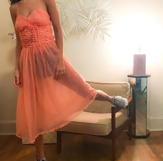 Sheer peach lace ruffle dress - image 7