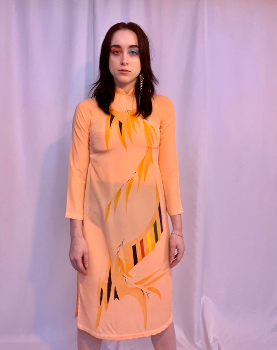 Peach mandarin collar dramatic slit dress - image 7