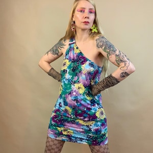Y2K one shoulder ruched digital mini dress