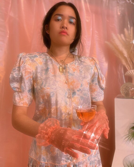 Silk pastel puff sleeve 80's yoke dress