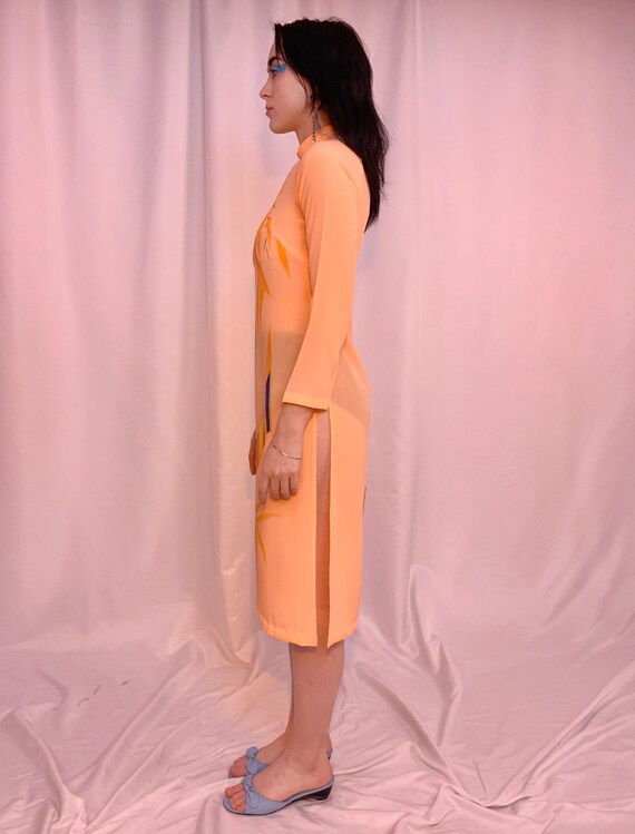 Peach mandarin collar dramatic slit dress - image 6