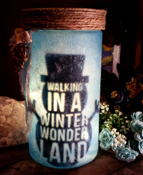 Snowman Glass Jar Light Walking In A Winter Wonderland Night Etsy