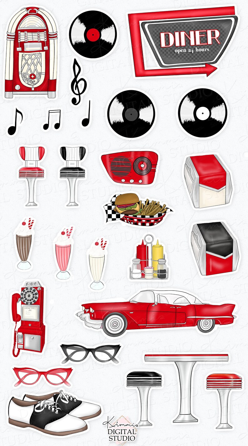 Retro Diner red Hand-drawn Clip-art 50's Drive-in - Etsy
