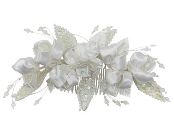 Vintage Bridal Satin Flower with Pearls Head Piece