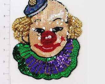 7 1/4" x 6 1/4" Mardi Gras Clown Face Sequin Applique/Patch - Clearance