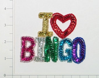 Multi Colored I Love Bingo Sequin Applique by Expo-For Jean Jacket-T-Shirt Applique-Use To Personalize Canvas Tote