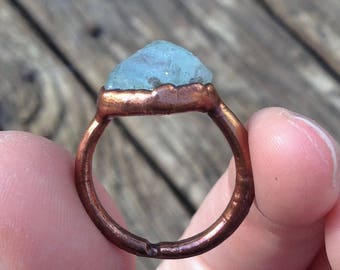 Size 6.5 Rough Aquamarine Crystal Copper Electroformed Ring | Raw Natural Aquamarine Ring size 6 1/2 | March Birthstone Gift