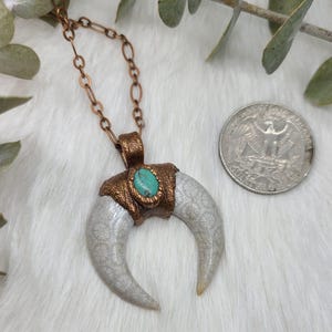 Fossilized Coral Crescent with Turqoise Copper Electroformed Pendant Necklace