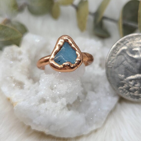 Size 4.5 Aquamarine Copper Electroformed Ring | Natural Aquamarine Ring size 4 1/2 | March Birthstone | Genuine Aquamarine |