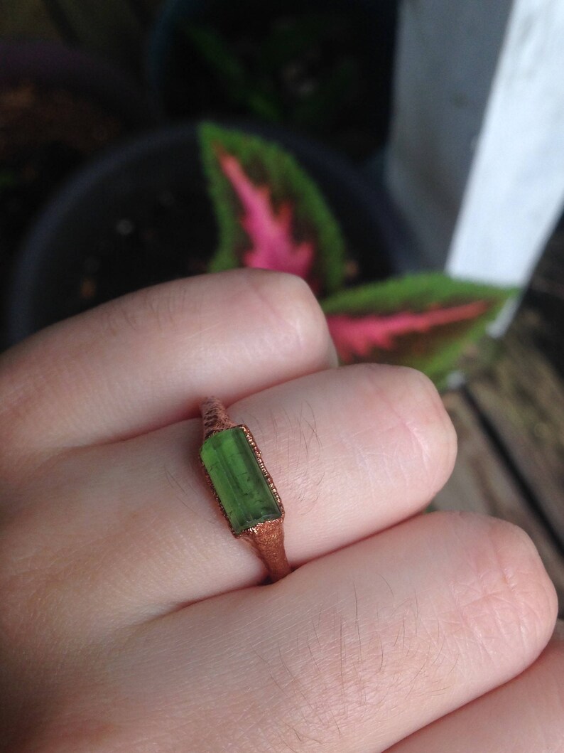 Copper Electroformed Green Tourmaline Crystal Ring size 6