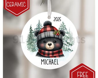 black bear christmas ornament | ceramic watercolor custom name | buffalo plaid