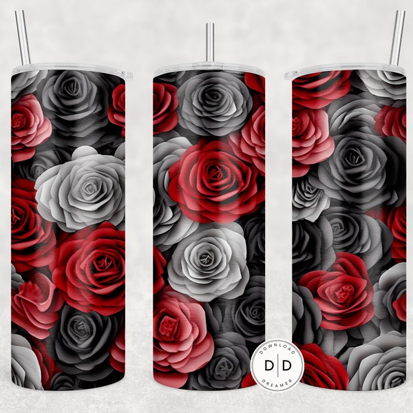 3d roses sublimation tumbler wrap digital red pink grey