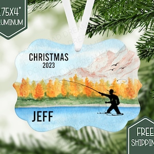 fly fishing ornament thin aluminum shore fisherman custom name