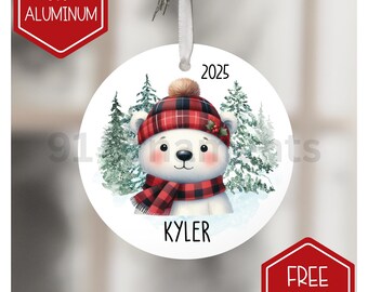 polar bear christmas ornament | aluminum watercolor custom name | buffalo plaid
