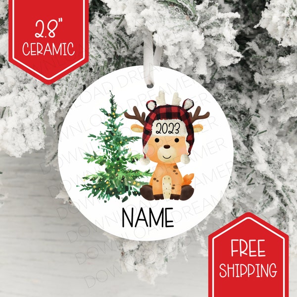 deer ornament ceramic custom name buffalo plaid hat personalized