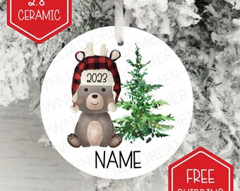 bear ornament ceramic custom name buffalo plaid hat personalized