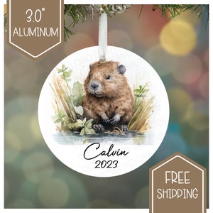 beaver watercolor ornament thin aluminum custom name personalized