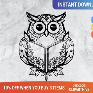 Kluge Eule Lesebuch SVG PNG Clipart, digitale Stempel, Vektorgrafik, niedlicher Vogel SVG