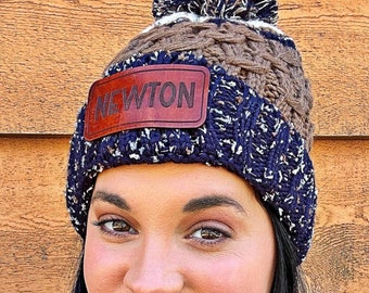 Monogrammed Knit Beanie with Pom, Personalized Leather Patch