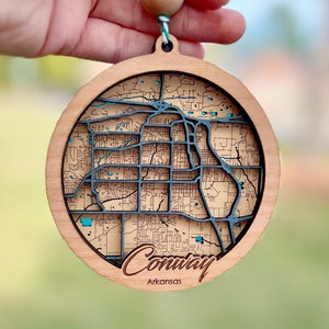 Conway City Map Ornament, Christmas Ornament, Handmade Laser Engraved Layered Ornament; Custom City Grid Map Ornament, City Street Map Gift