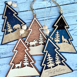 Custom Rustic Woodland Animals Holiday Decor, Farmhouse Hanging Wood Ornament, Personalized Woodland Tree Christmas Ornament, Wood Ornament