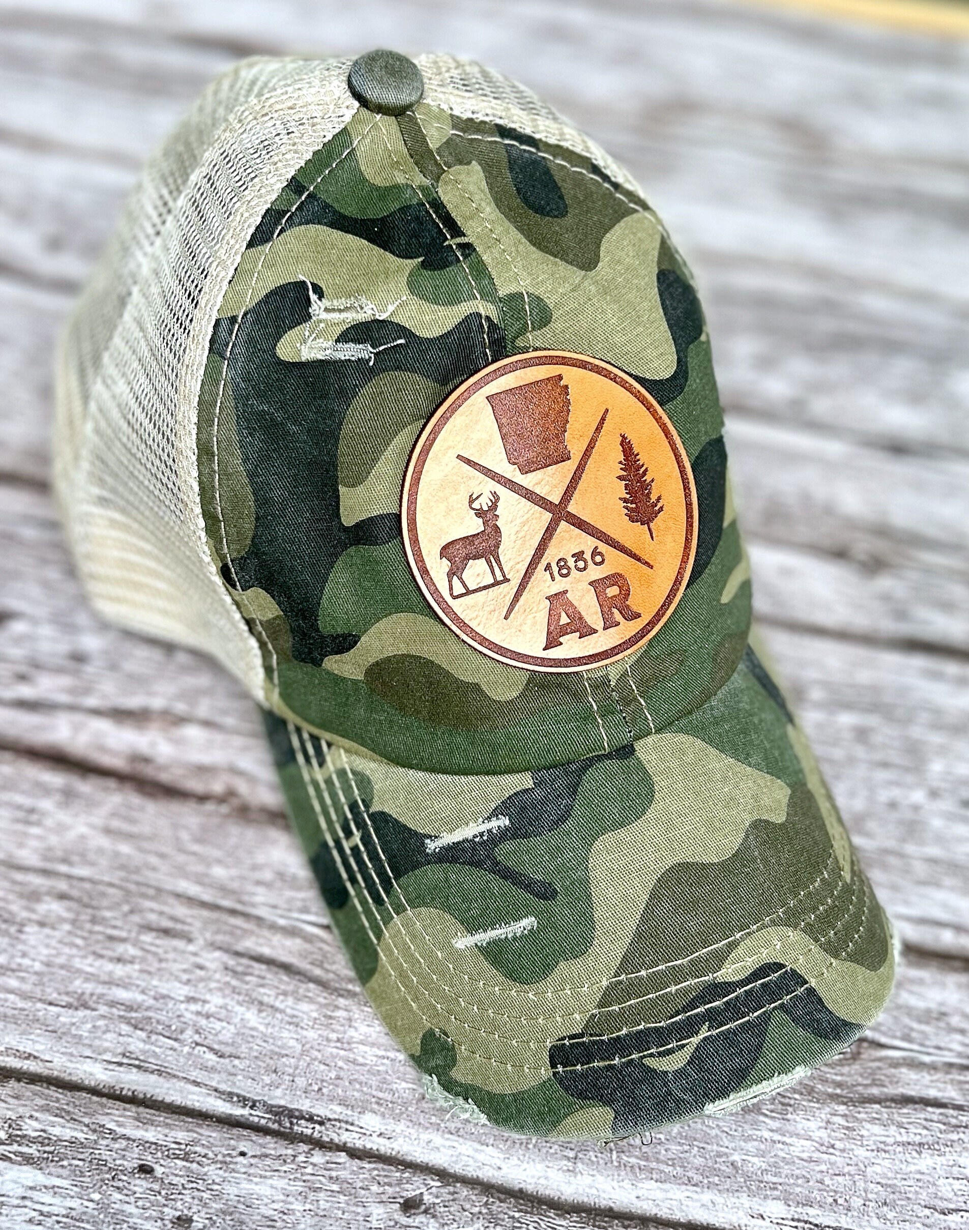 Arkansas Ponytail Hat with Leather Patch, Camo Trucker Hat, Laser Engraved Arkansas Hat, Distressed Baseball Cap, Outdoor Gift