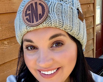 Monogram Woman's Beanie with Leather Patch, Adult Beanie Hat, Fur Pom Pom Winter Hat, Leather Patch Beanie, Holiday Gift Idea