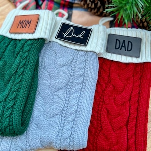 Custom Family Stockings with Name Tags, Knit Christmas Stocking with Personalized Leather Patch, Handmade Engraved Leather Patch