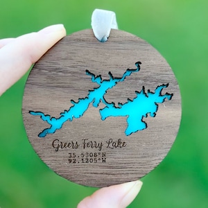 Greers Ferry Arkansas Wood Christmas Lakehouse Hanging Ornament, Wood Ornament, Hanging Tree Ornament, Arkansas Lakes