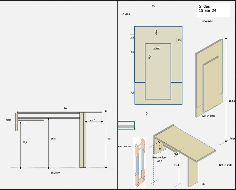 Table pliante Table murale en bois Mécanisme Mechanism 80x65x78