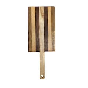 May include: A rectangular wooden chopping board with a handle. The board is made of different types of wood, including walnut and maple. The handle is made of a light-colored wood.
