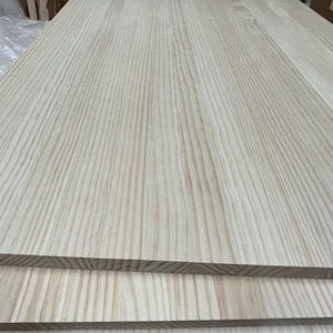 Pu&ograve; includere: Una pila di tavole di legno rettangolari di colore chiaro con un evidente motivo a venature verticali. Le tavole sono realizzate con pi&ugrave; strisce di legno unite, presentando una superficie liscia e non rifinita nei toni naturali del beige.