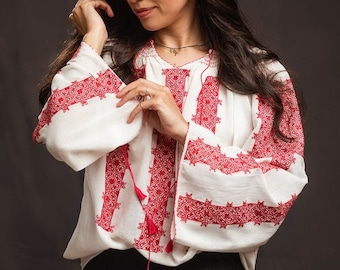 Vintage Hand Embroidered Romanian Blouse IA handmade folk costume XL Cotton Folk Tunic