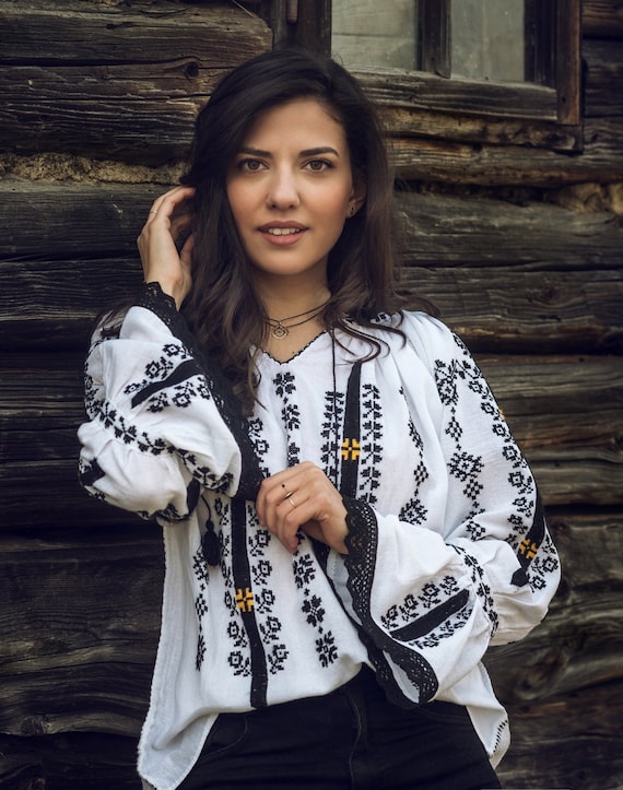 Hand Embroidered Romanian Blouse, Authentic Folk Top, Traditional