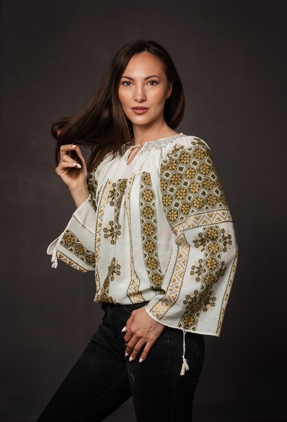 ハンドメイドのルーマニア刺繍ブラウス M/L 伝統的な IE ガーゼ 