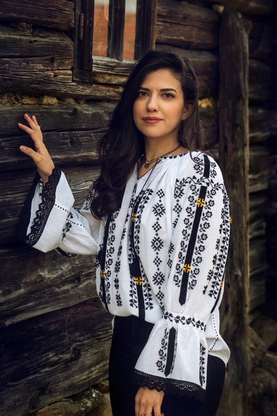 Hand Embroidered Romanian Blouse, Authentic Folk Top, Traditional