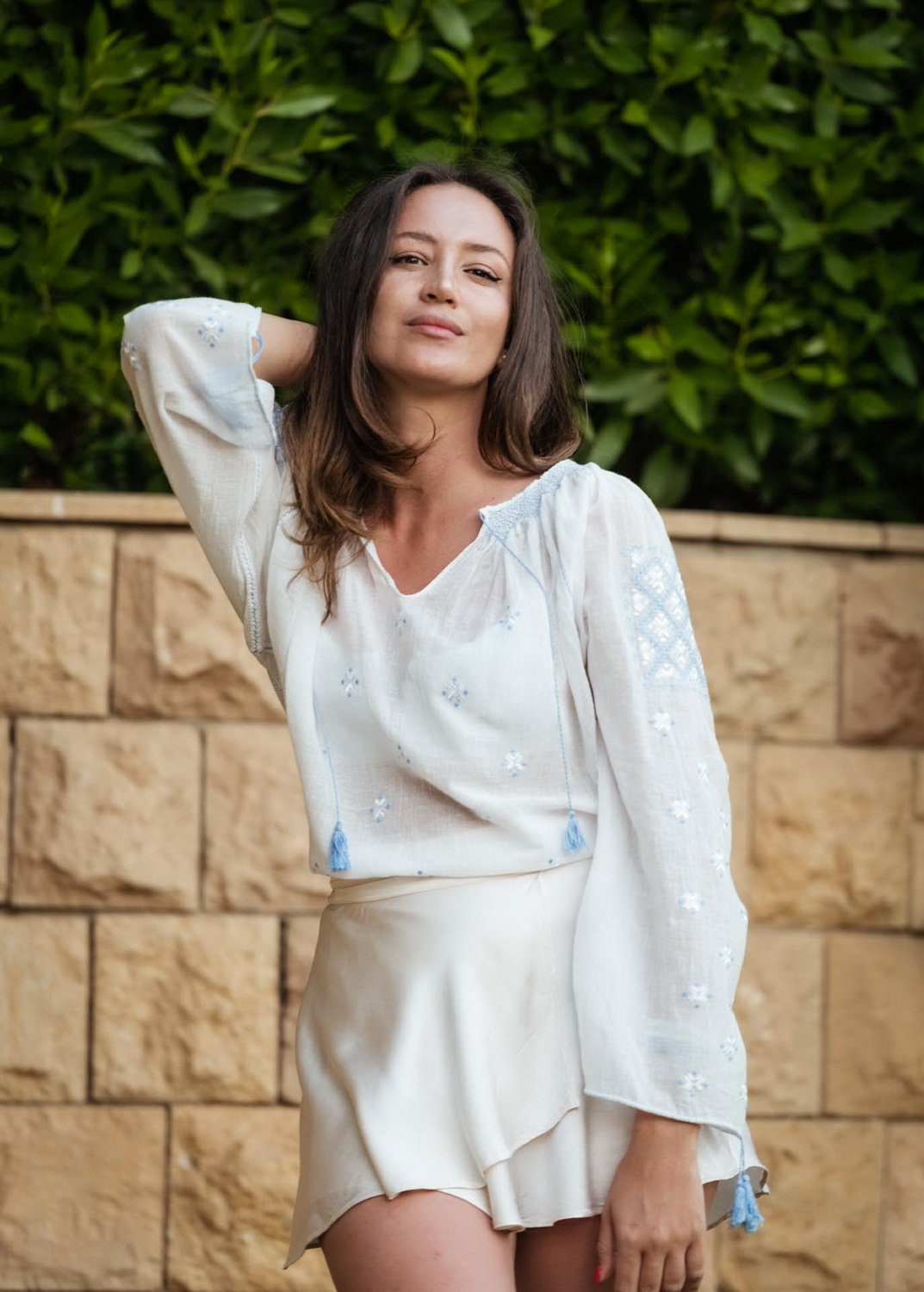 Vintage Hand Embroidered Romanian Blouse L 2XL White Cotton