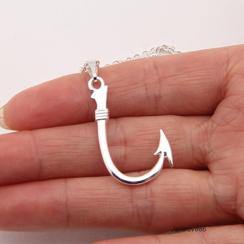 Fish Hook Pendant Necklace Barbed Fishing Silver