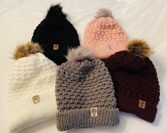 Custom handmade waffle knit reversible beanie hat with faux fur pom, winter hat, ski hat, Christmas gift