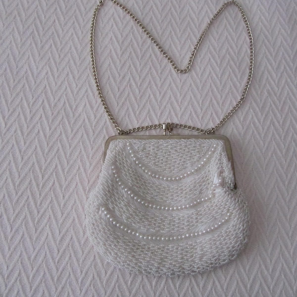 50s White Beaded and Faux Peals Wedding / Evening / Prom Handbag / Purse / Shoulder Bag By Designer Mister Ernest