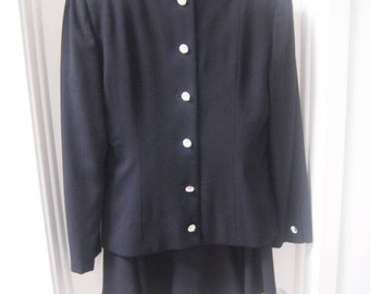Vintage 1980s Black Cocktail Designer Skirt Suit Anne Klein Wool Crepe Lion Head Label Elegant Size 10
