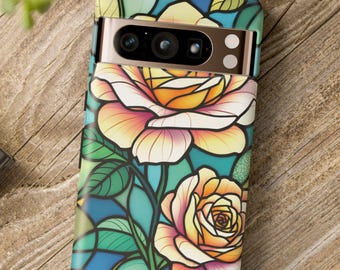 Vibrant Google Pixel phone case Roses stained glass effect, Floral Phone Case, Cases for Nature Lovers, Boho Phone Cover, Pixel 9 pro, 9, 8