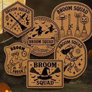 May include: A collection of six brown and black "Broom Squad" designs, featuring witch-themed illustrations. The designs include a witch on a broom, a witch hat, and other Halloween-themed elements. The image also includes the text "Instant Digital Download."