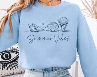 Summer Vibes Crewneck, Coastal Sweatshirt, Seashell Starfish Beach Sweater, Ocean Lover Pullover, Nautical Summer Shirt