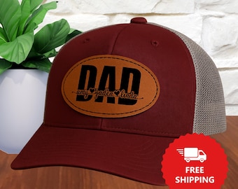 Personalized Kids Names Dad Hats, Grandpa hat, Papa hat, Father's Day, Custom Leatherette patches, New Dad, Dad and kids trucker hats