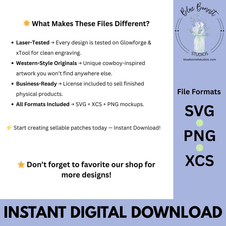 K&ouml;nnte beinhalten: Digitale Download-Grafikdesign-Dateiformate SVG, PNG und XCS. Das Bild enth&auml;lt Text, der lautet: "What Makes These Files Different?" und "Instant Digital Download."