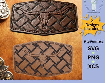 Western Longhorn Weave Hat Patch SVG | Digital Leatherette Patch Files | 4x2.5 Cowboy Patch | Laser Engraving Design